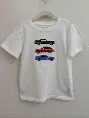 Janie and Jack Boys Size 6 White Tee with Black, Red & Blue Race Car Appliqués